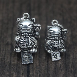 1PC Sterling Silver Lucky Cat Charm,Good Fortune Cat Charm,Fu Charm,Lucky Charm