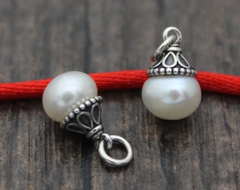 2 Sterling Silver Pearl Charms,6mm Pearl Charms with Sterling Silver Caps,Add On Charms