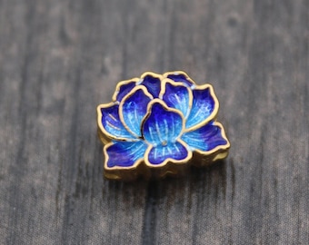 1PC Sterling Silver Lotus Flower Bead,Cloisonne,Blue Enamel Lotus Flower Bead,Silver Lotus Bead,Gold Plated
