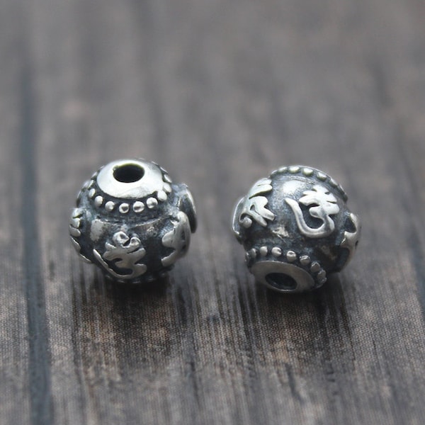 2 Sterling Silver Om Beads,7.5mm Tibetan Om Mantra Beads,Om mani padme hum,Buddhism Silver Spacer Beads,Yoga Beads