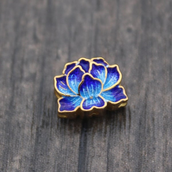 1PC Sterling Silver Lotus Flower Bead,Cloisonne,Blue Enamel Lotus Flower Bead,Silver Lotus Bead,Gold Plated