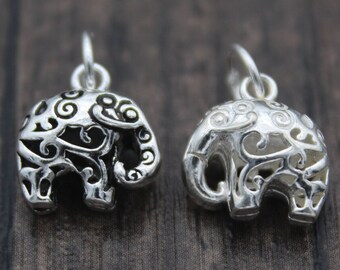 1PC Sterling Silver Elephant Charm,3D Elephant Charm,Hollow Elephant Pendant,Elephant Jewelry
