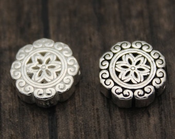 1PC Sterling Silver Flower Bead,10.5mm Silver Flat Round Flower Bead,Flower Beads Spacer,Silver Wheel Bead