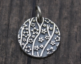 1PC-14mm Sterling Silver Flower Charm,Silver Flower Round Tag Charm,Flower Round Disc Charm
