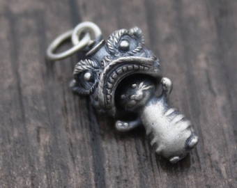 1PC-Sterling Silver Chinese Lion Dance Charm,Silver Lion Charm,Good Fortune Charm,New Year Charm