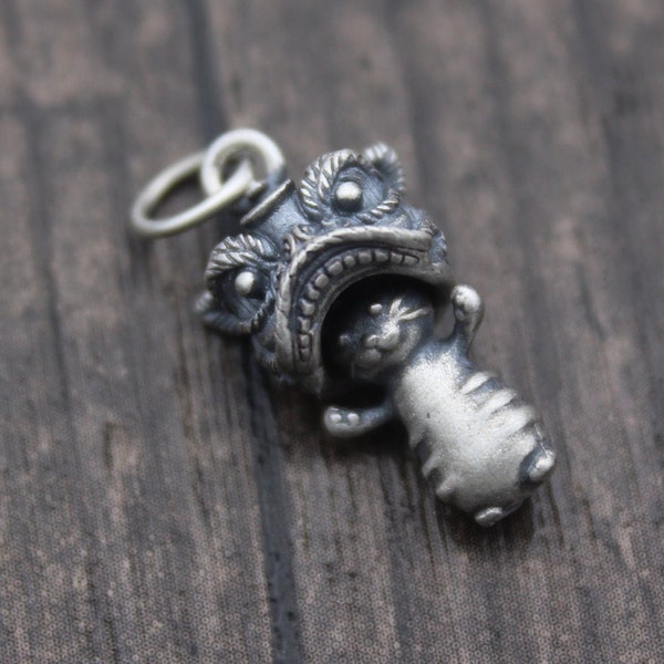 1PC-Sterling Silver Chinese Lion Dance Charm,Silver Lion Charm,Good Fortune Charm,New Year Charm