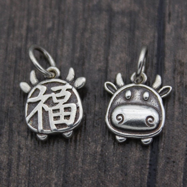 1PC Sterling Silver Ox Charm,Silver Chinese Zodiac Charm,Silver Fu Charm,Happiness Charm,Good Fortune Charm,Birth Charm