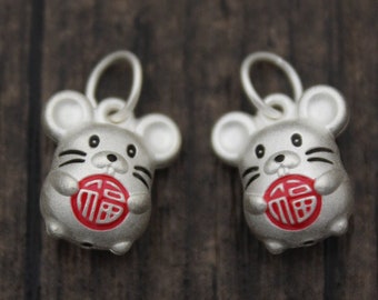 2 Sterling Silver Rat Charms,Silver Chinese Zodiac Charm,Good Fortune Fu Charms,Year of the Rat,Birthday Charms