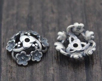 2 Sterling Silver Flower Bead Caps,11mm Silver Hollow Flower Bead Caps,Silver Floral Bead Caps