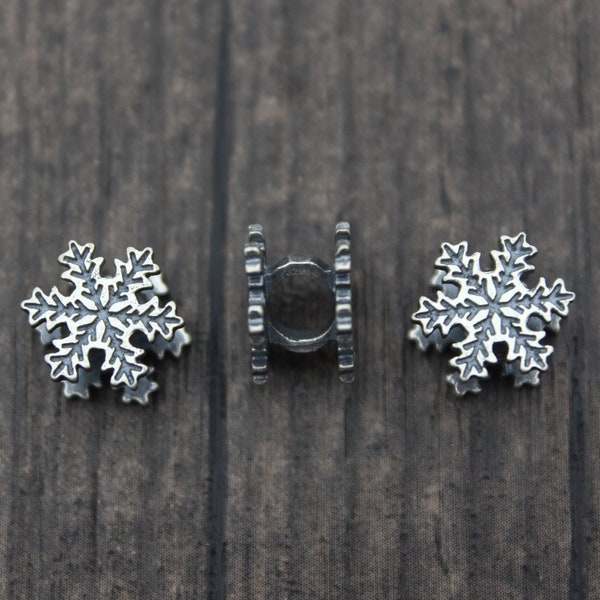 2 Sterling Silver Snowflake Beads,Double Sided,Sterling Silver Snowflake Charms,4mm Large Hole,Christmas Charms,Winter Charms