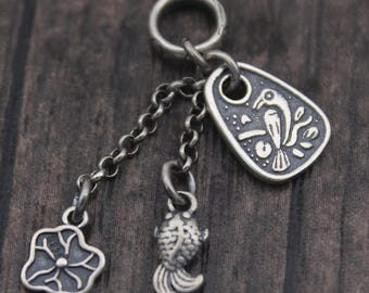 1 abalorio de plata de ley con forma de loto y pez, con borla de pájaro de plata, para pulsera y collar.