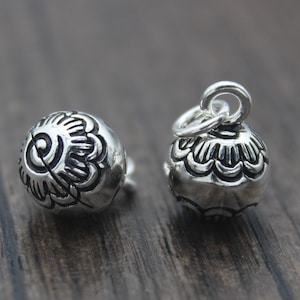 1PC Sterling Silver Flower Bell Charm,10mm Jingle Bell Charm,Round Flower Bell,Winter Charm,Christmas Charm