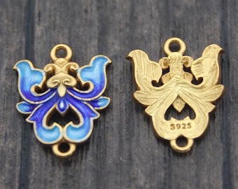 Sterling Silver Flower Connector,Gold Plated,Blue Enamel Floral Link,Blue Cloisonne Flower Connector for Earrings for Bracelet and Necklace