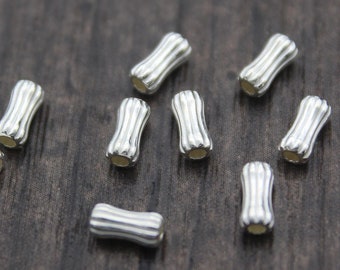 10 Sterling Silver Bamboo Beads,2.6 x 6mm Silver Corrugated Spacer Beads,Silver Beads Spacer