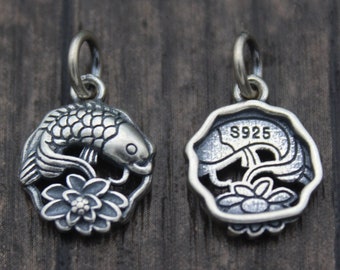 1PC Sterling Silver Lotus Charm,Silver Lotus Flower Charm,Silver Fish Charm,Yoga Charm