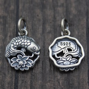 1PC Sterling Silver Lotus Charm,Silver Lotus Flower Charm,Silver Fish Charm,Yoga Charm