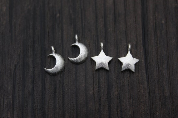 2 Sterling Silver Star Charms,Sterling Silver Moon Charms,Frosted,Matte,Brushed,Star and Moon Charms