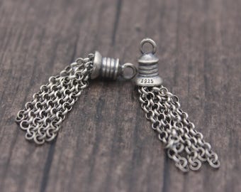 Sterling Silver Flower Tassel Charm,37mm Silver Rolo Chain Tassel Charm,Tassel Earring Charm,Tassel Jewelry