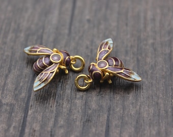 2 Sterling Silver Bee Charms with Color Enamel,Chinese Cloisonne,Gold Plated,Bumble Bee,Honey Bee,Queen Bee Charms