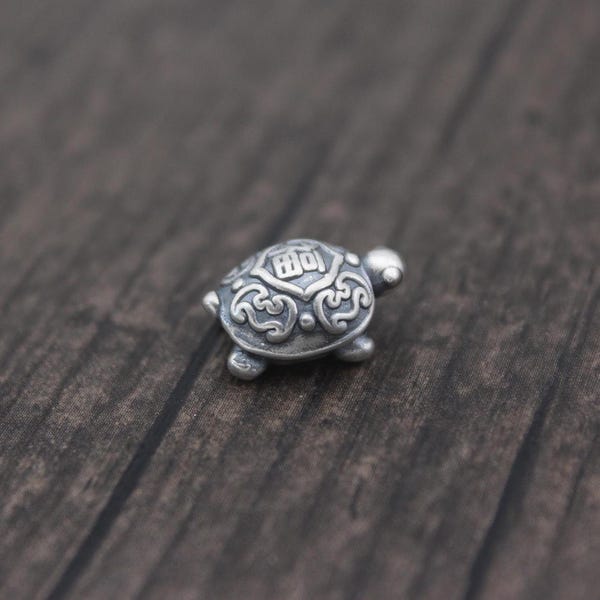 1PC-Sterling Silver Good Fortune Turtle Bead,Silver 3D Happiness Turtle Bead,Longevity Bead for Bracelet,Birthday Gift