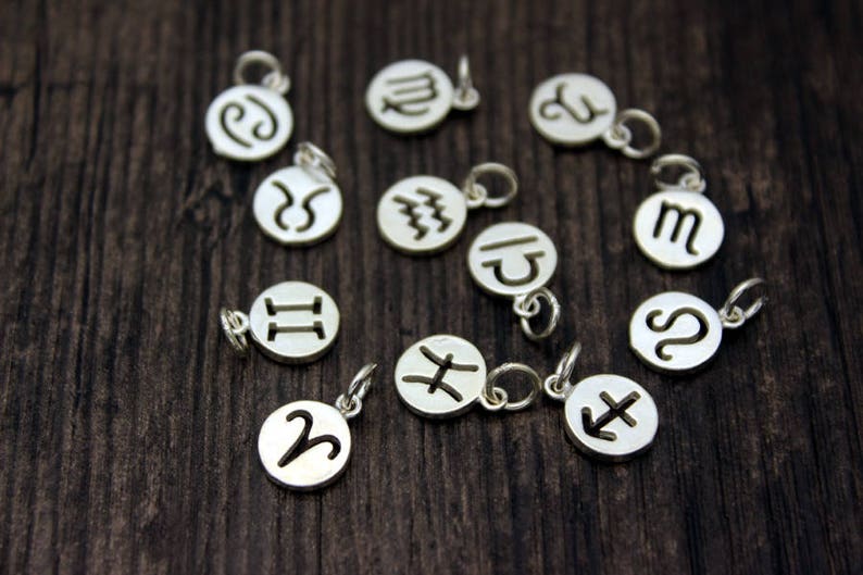 Sterling Silver Zodiac Charm,Personalized Gift,Zodiac Symbol Charm,Birthday Charms,Zodiac Round Disc,Add On Charm