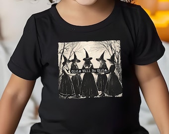 Vintage Girls Will Be Girls Witch Bella Canvas Toddler Tee, Funny Witch Vintage Shirt, Vintage Halloween Women Shirt, Witchy Vibes Shirt