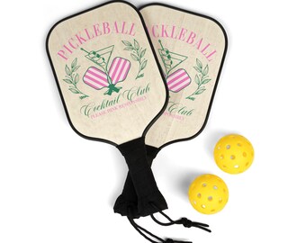 Pickleball Cocktail Club Wooden Paddle Set With Carrying Case And Two Pickleball, Pickeball Gift, Pickleball Paddles, Pickleball Social Club