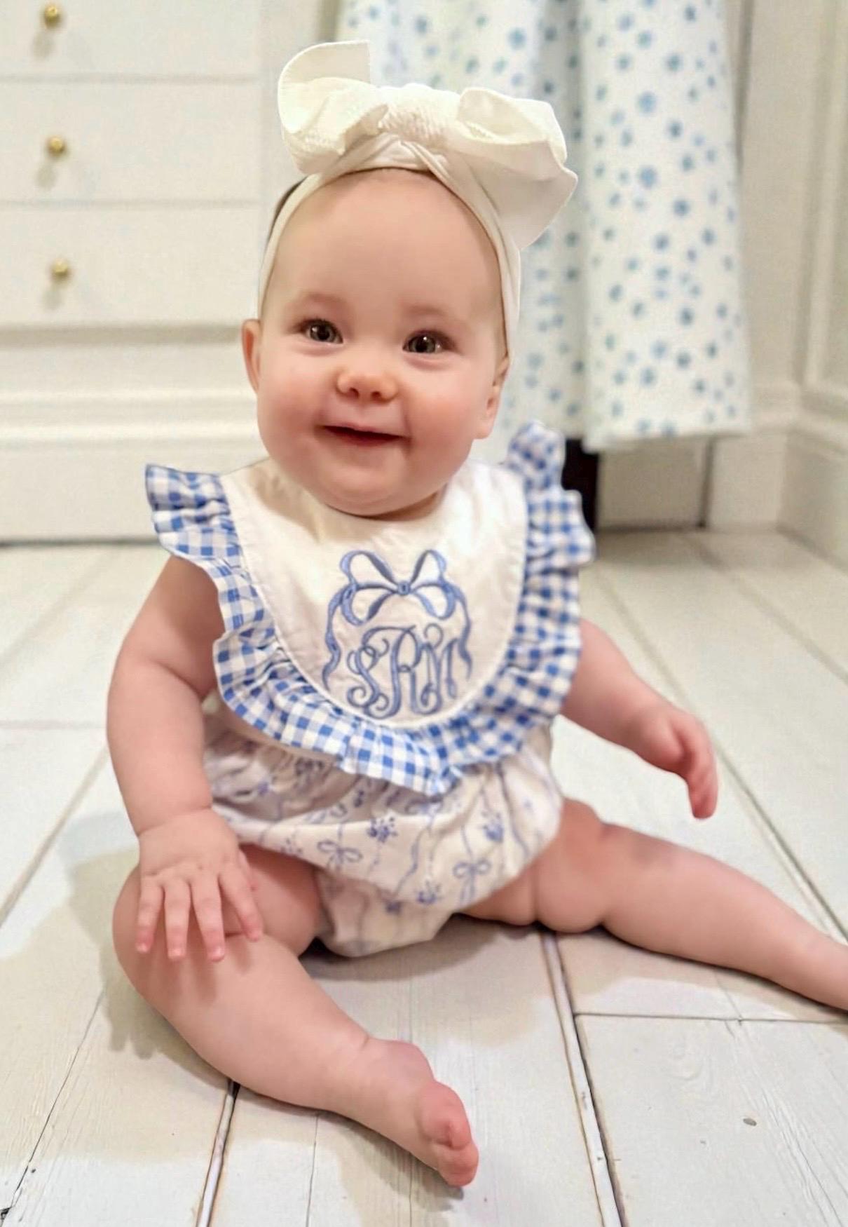 Classic blue gingham and bows monogrammed bubble/embroidered bubble with bow