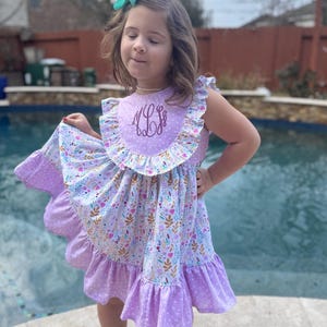 Purple floral ruffle bib dress/Easter dress/monogrammed