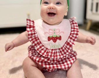 Strawberry embroidered romper/strawberry patch romper