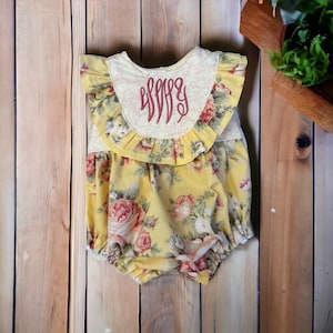 Yellow floral ruffle bib monogrammed romper/Easter bubble
