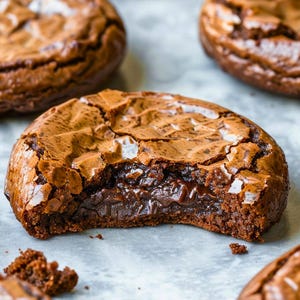 May include: Close-up of several chewy, fudge brownie cookies with a dark, rich chocolate color. A box of Duncan Hines Chewy Fudge Brownie Mix is in the background. Text on a red banner reads "brownie mix COOKIES".