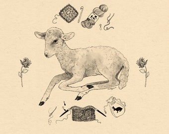 Fiber Artist - Knitting Crochet Sewing Art Print - Baby Sheep Lamb Digital Print