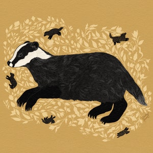 Badger With Florals - Badger, Art Print, Yellow, Blue