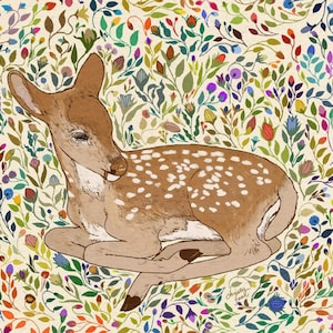 Fawn in Rainbow Flowers - 8.5x11” Art Print - Baby Deer Fawn Art Small Gift