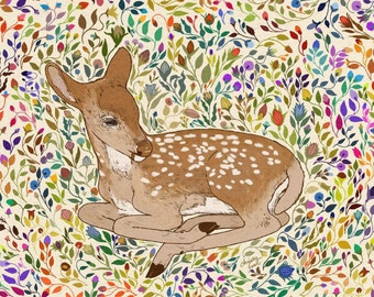 Fawn in Rainbow Flowers - 8.5x11” Art Print - Baby Deer Fawn Art Small Gift