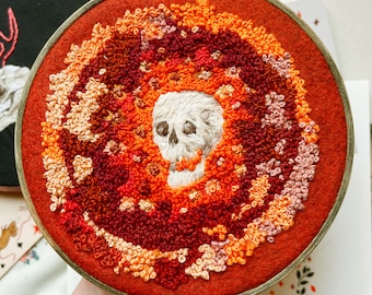 Skull in Red Flowers - Original Embroidery 7in Hoop