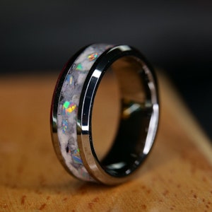 Tungsten Wedding Band with Opal and Fluorite, Mens Wedding Band, Mens Engagement Ring, Fluorite Gemstone Ring, Opal Inlay Ring in Tungsten