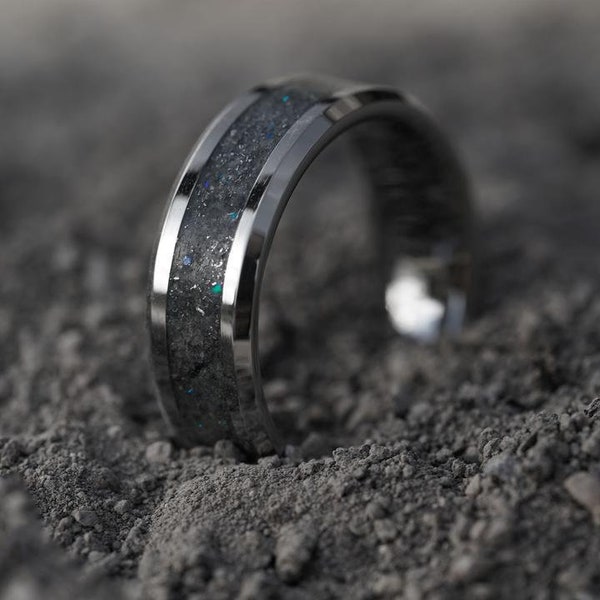 Meteorite ring mens wedding band, mens engagement ring, glow in the dark, tungsten ring, star dust moonstone blue opal and diamond ring