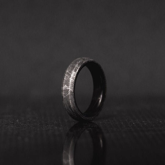 Meteorite Ring With Carbon Fiber Liner Mens Wedding Band