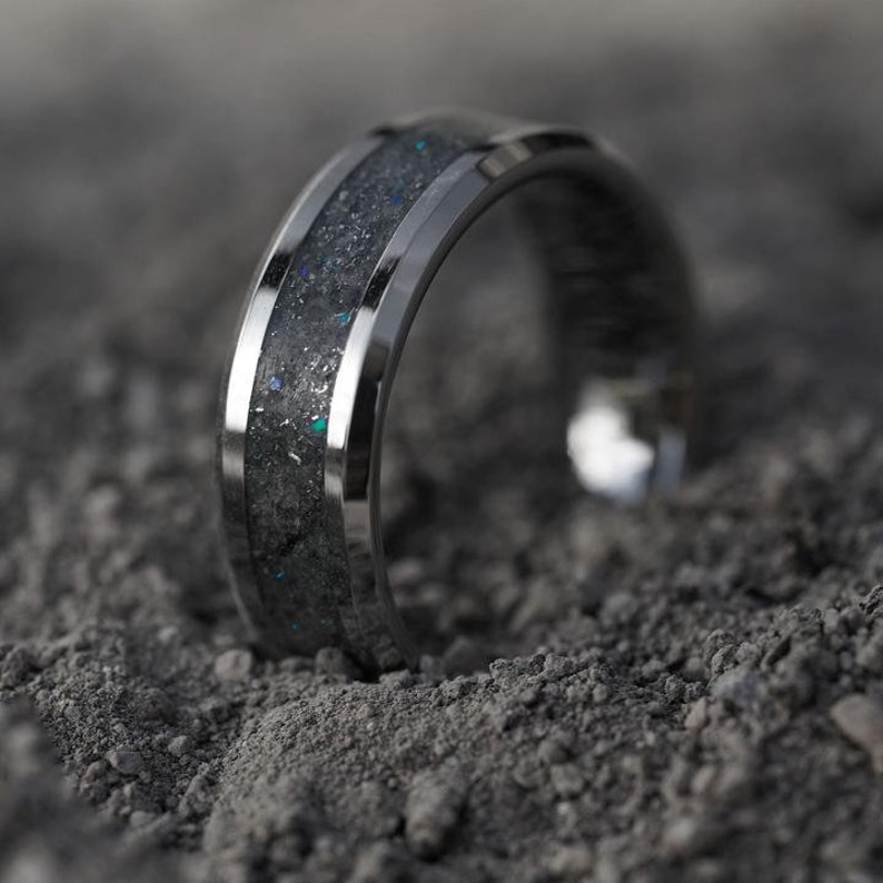 Meteorite ring mens wedding band, mens engagement ring, glow in the dark, tungsten ring, star dust moonstone blue opal and diamond ring 