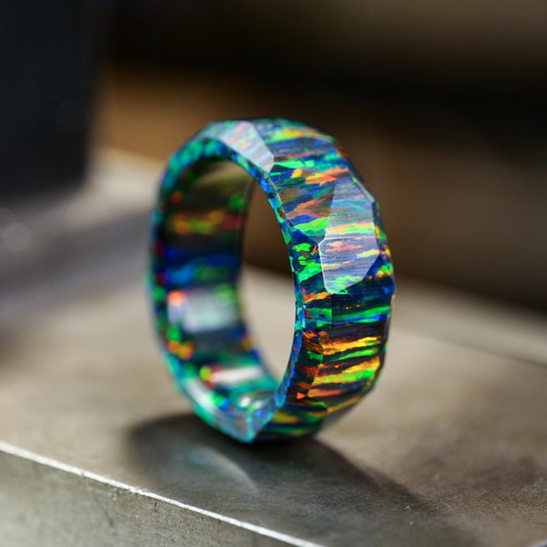 Solid Fire Opal Wedding Band With Unique Hammered Finish, Black