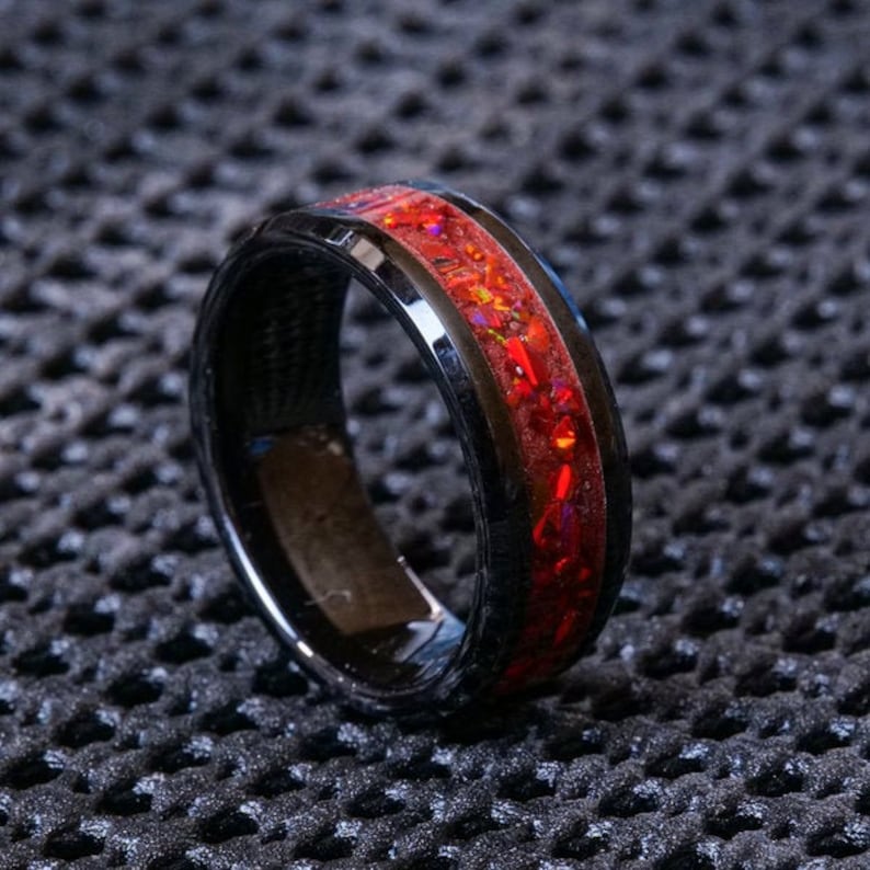 Red Fire Opal Ring on Black Ceramic Mens Wedding Band Fire - Etsy