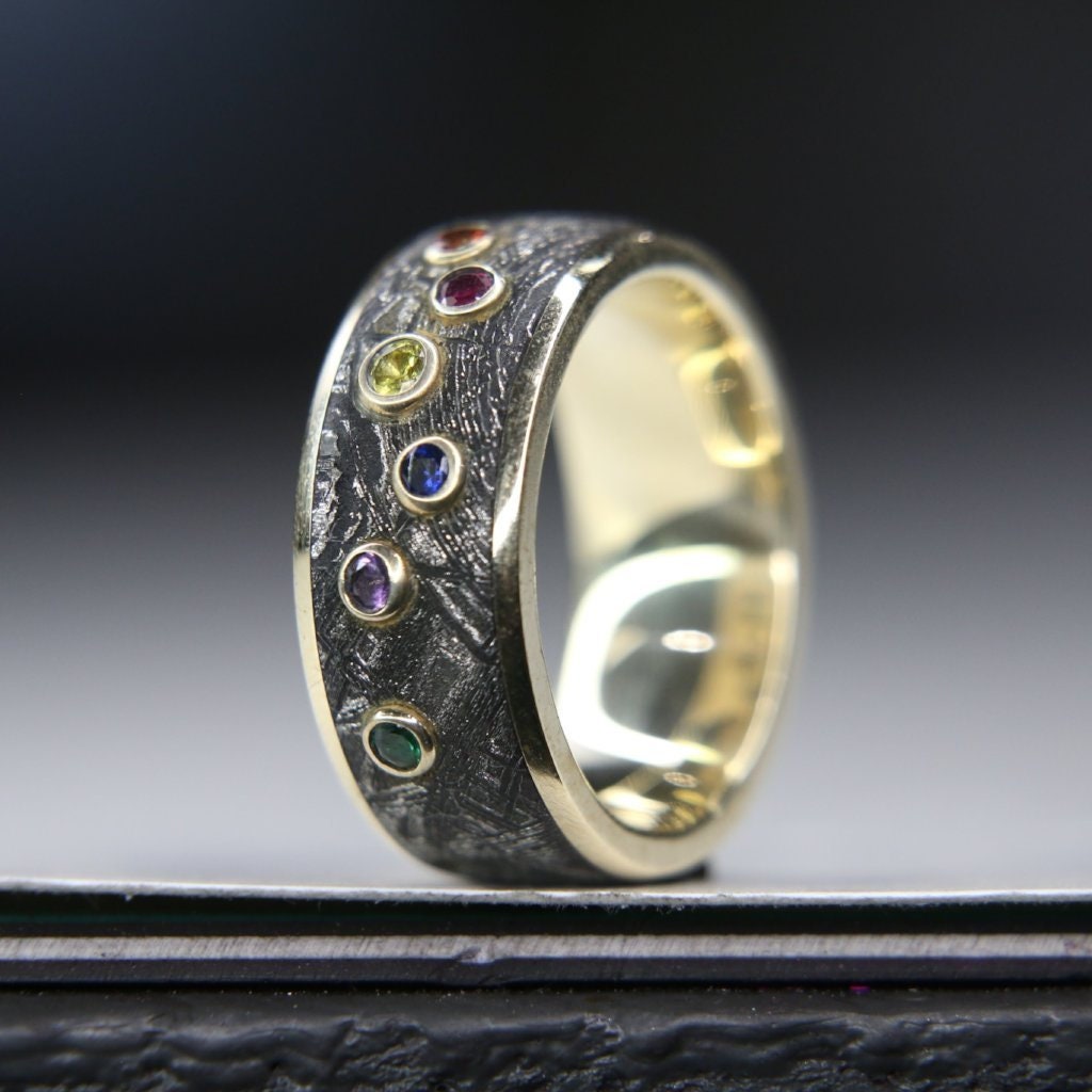 Meteorite and 14K Gold Ring Mens Wedding Band Authentic Etsy