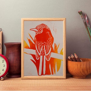 The Crow - Bird Coloured Lino Print - Home Decor - Wall Art - Gift