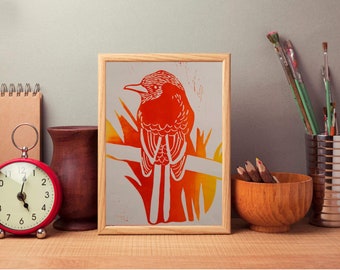 The Crow - Bird Coloured Lino Print - Home Decor - Wall Art - Gift