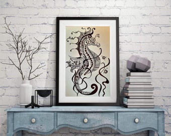 Sea Horse Zantangle Drawing - Home Art - Wall Art - Home Decor - Gift