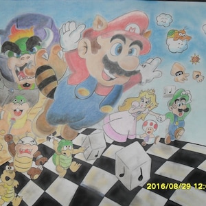 Super Mario Brothers Drawing - Pastel - Pencil - Charcoal - Nintendo - Kid&#39;s Decor - Home Decor