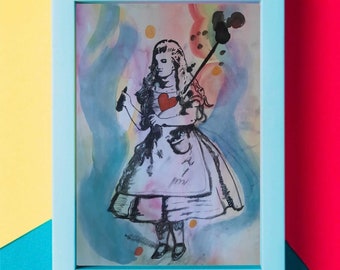 Alice In Wonderland - Watercolour Painting - Charcoal - Wall Art