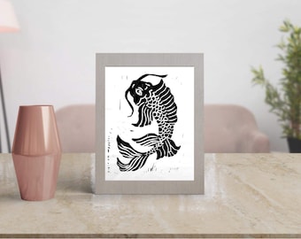 Whiskers - Fish Lino Print - Home Decor - Wall Art - Gift